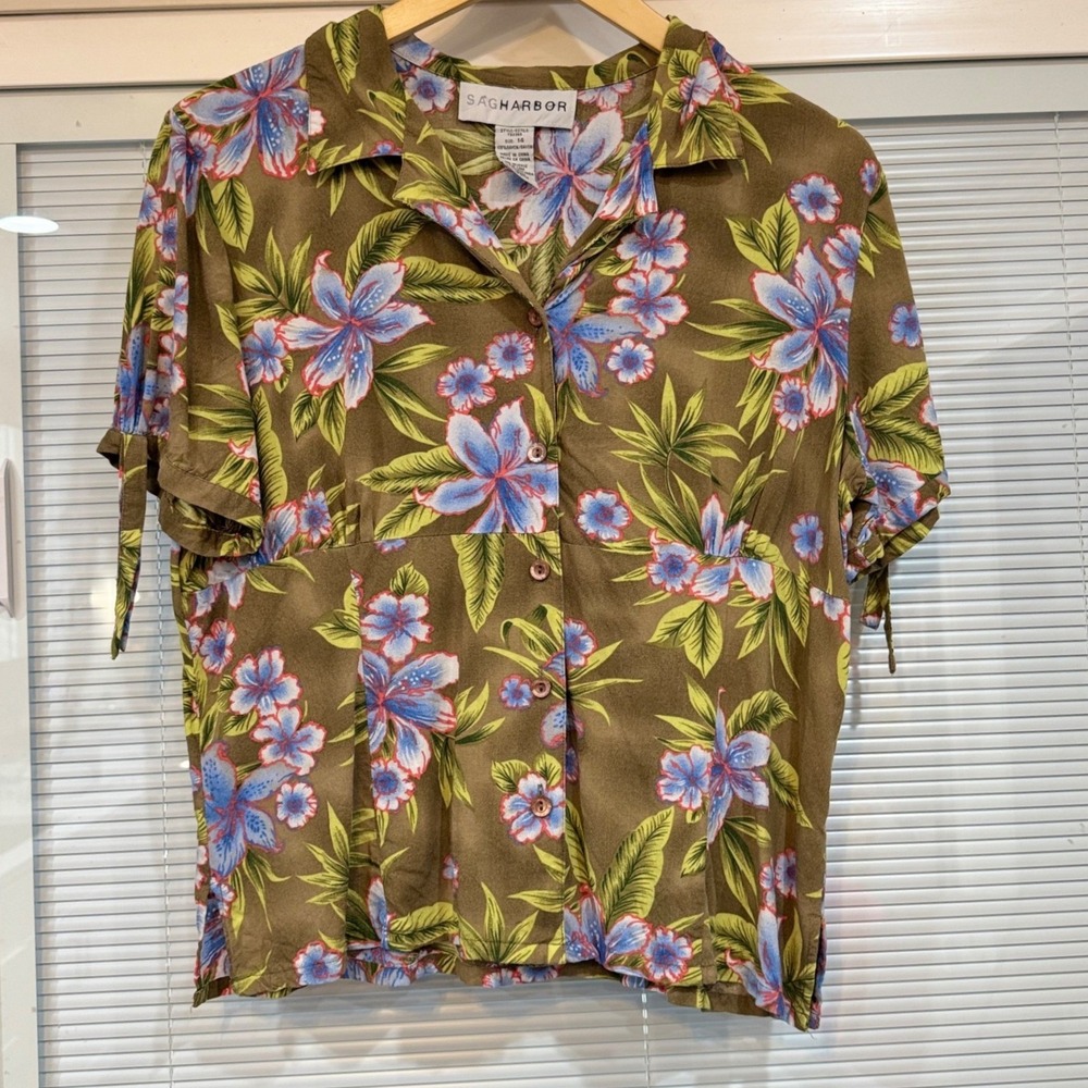 Sag Harbor Womens Floral Short Sleeve Button Down Shirt Olive Brown Rayon Sz 14